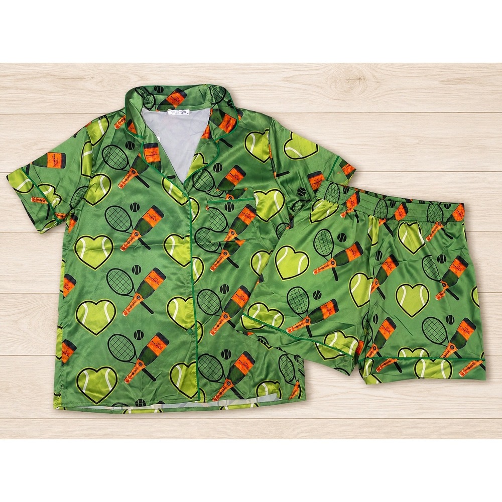 Sheshow Women's Tennis Champange PJ's Green Satin Button Up Shorts Size Medium